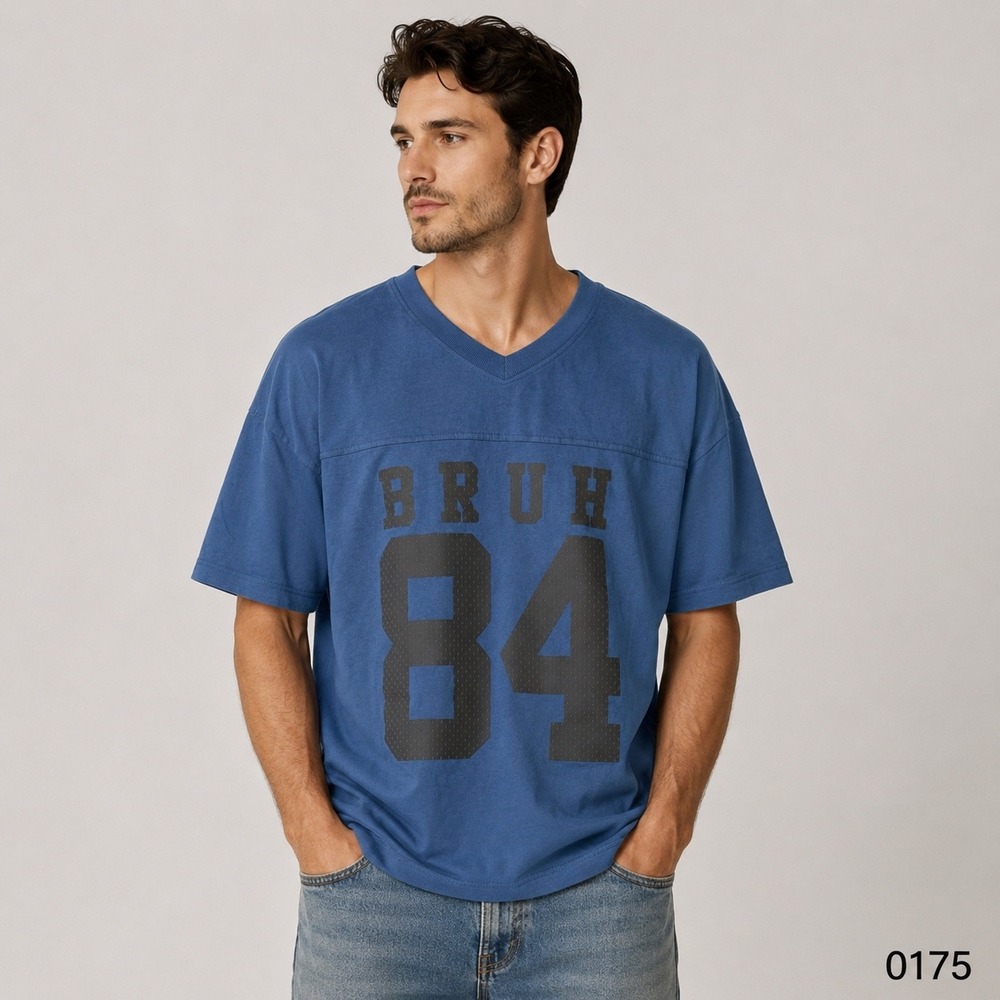 Hollywood The Jean People Mens Bruh 84 Graphic Jersey V-Neck Blue T-Shirt M NEW